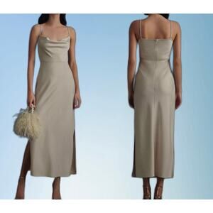 BHLDN Cali Matte Satin Midi Slip Dress Champagne Size 10 Side Slits